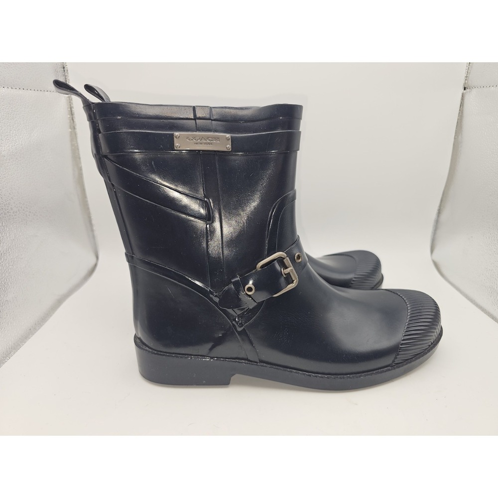 Coach Lester Shiny Rubber Round Toe Synthetic Rain Boot Women's Size Navy 10B M